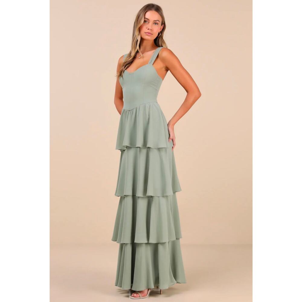 Lulus Carlynda Sage Brush Tiered Bustier Maxi Dress XL